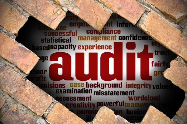 Denetim word Cloud içinde tuğla duvara delik