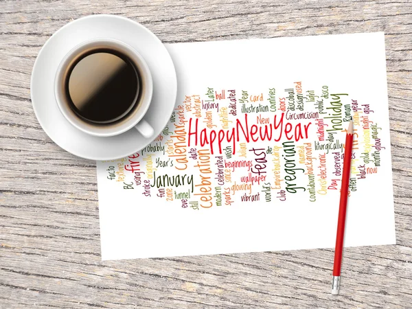 Café, lápiz y una nota contienen nubes palabra de feliz año nuevo — Foto de Stock