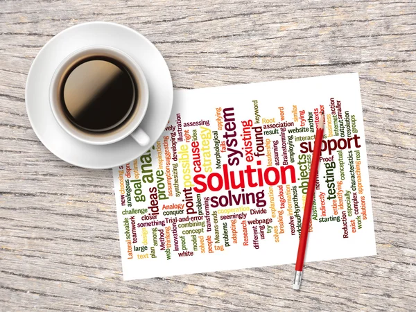Coffee, Pencil And A Note Contain Word Clouds Of Solution And It — Stockfoto