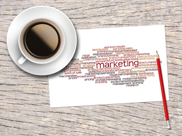 Coffee, Pencil And A Note Contain Word Clouds Of Marketing And I