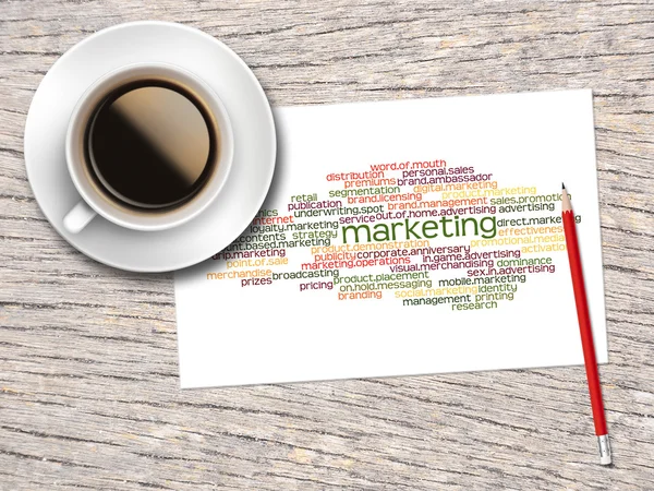 Coffee, Pencil And A Note Contain Word Clouds Of Marketing And I