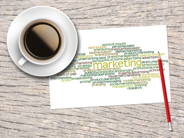 Coffee, Pencil And A Note Contain Word Clouds Of Marketing And I — 스톡 사진