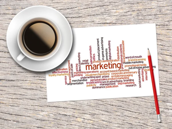 Coffee, Pencil And A Note Contain Word Clouds Of Marketing And I