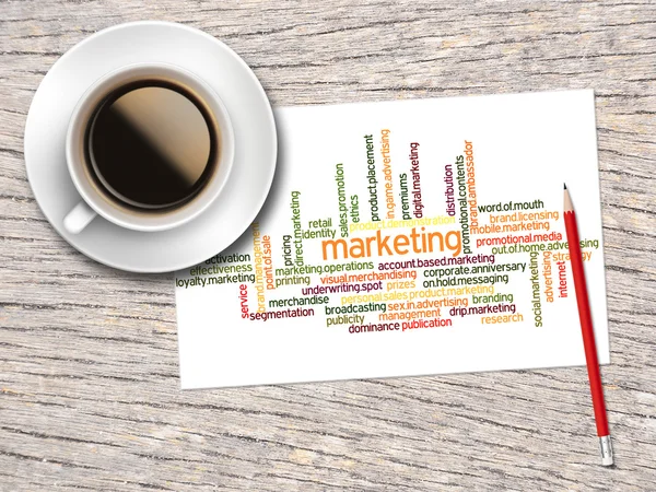 Coffee, Pencil And A Note Contain Word Clouds Of Marketing And I