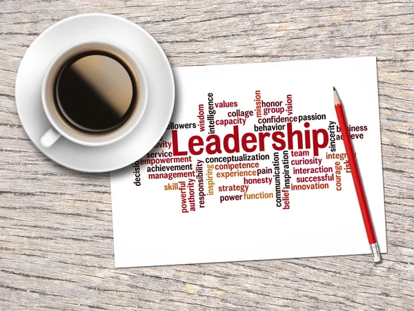 Kahve, kalem ve bir not içeren kelime bulutları liderlik ve 