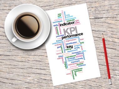 Kahve, kalem ve bir not kelime bulutları KPI ve onun Rel içerir