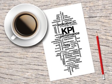 Kahve, kalem ve bir not kelime bulutları KPI ve onun Rel içerir