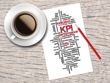 Kahve, kalem ve bir not kelime bulutları KPI ve onun Rel içerir