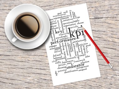 Kahve, kalem ve bir not kelime bulutları KPI ve onun Rel içerir