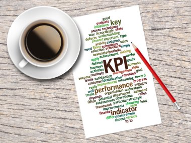 Kahve, kalem ve bir not kelime bulutları KPI ve onun Rel içerir