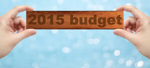 Руки, що тримають дерев'яну гравюру зі словом бюджету 2015 року — стокове фото