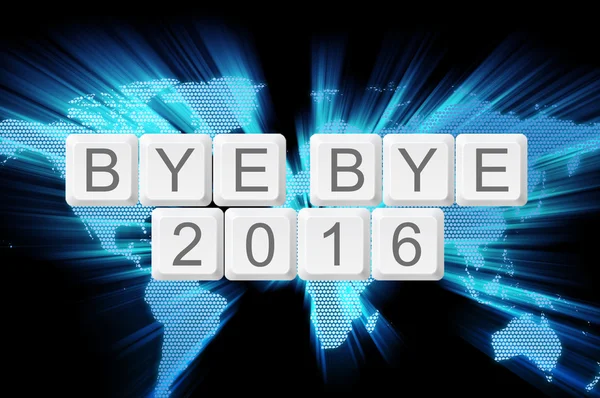 Welt glühen Hintergrund und Tastatur-Taste mit Wort bye bye 2016 — Stockfoto
