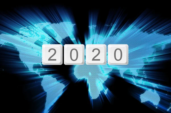 Świecie blask tło i klawiatury przycisk słowo 2020 — Zdjęcie stockowe