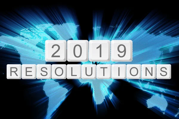 World glow background and keyboard button with word 2019 resolut — Stock Photo, Image