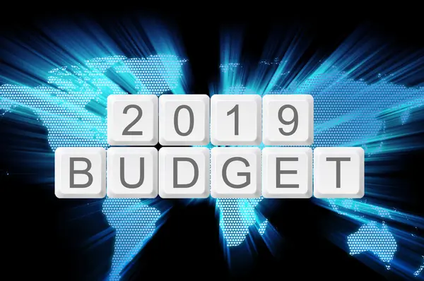 World glow background and keyboard button with word 2019 budget — Stock Photo, Image