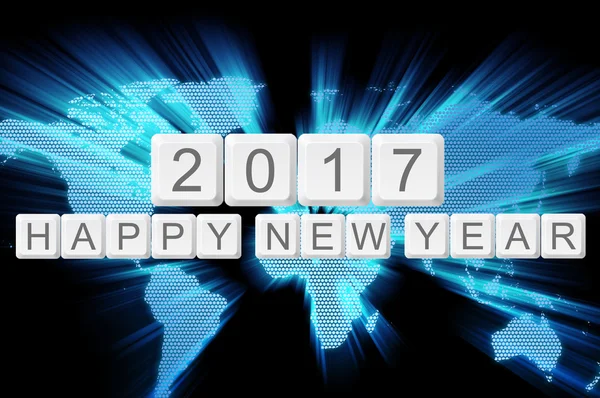 World glow background and keyboard button with word 2017 happy n — Stock Photo, Image