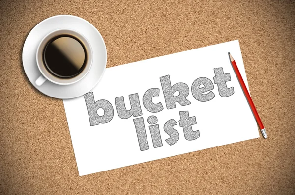 Coffee and pencil sketch bucket list on paper — Stock Photo, Image