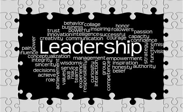 Jigsaw puzzle reveal wordcloud of Leadership and its related wor — Stock Photo, Image