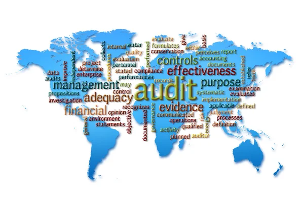 Word Cloud of  audit with world map background — Stock Photo, Image