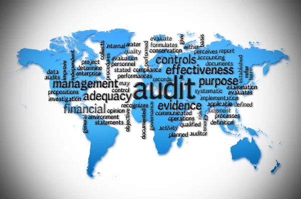 Word Cloud of  audit with world map background — Stock Photo, Image