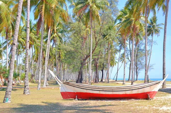 Coconut trees and wooden boat under blue sky at the beach. — Stock Photo, Image