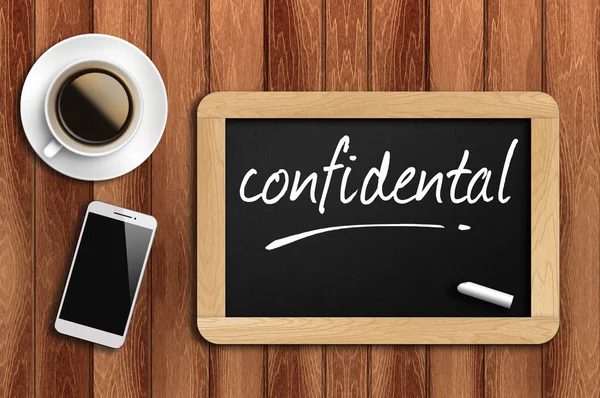 Coffee, phone  and chalkboard with word confidental — Stock Photo, Image