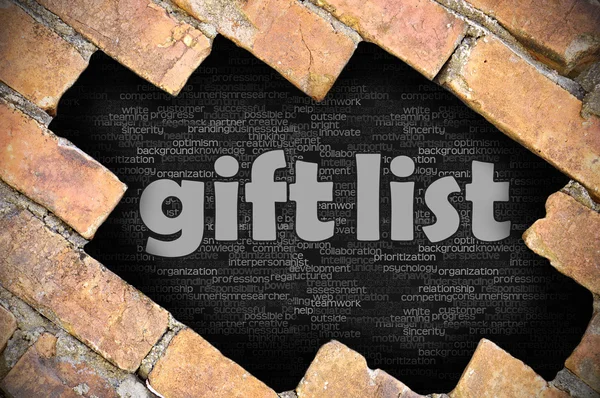 Hole in the brick wall with word gift list — Stock Photo, Image