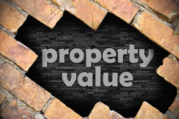 Hole in the brick wall with word property value — Stock Photo, Image