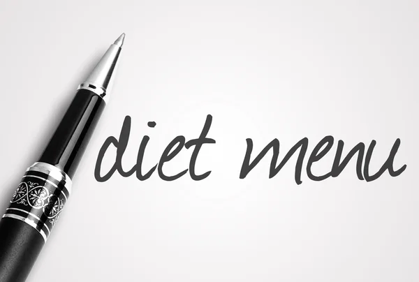 Długopis pisze menu diety na białym czystym papierze — Zdjęcie stockowe
