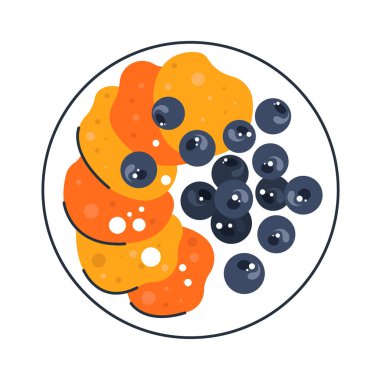 Soslu krep ve yaban mersini tabağında krema. Vektör illüstrasyonu.