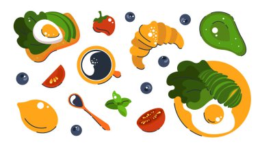 Kahvaltılık yemek. Sabah yemeğiyle pankart. Vektör illüstrasyonu.