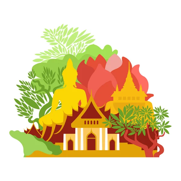緑豊かな熱帯の木々に囲まれたバンコクの寺院や仏からの眺め 旅行ポスター ベクターイラスト — ストックベクタ