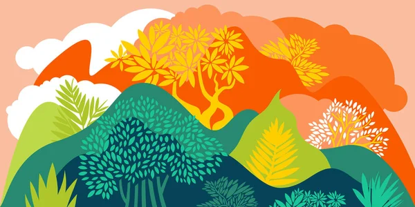 Paisaje Con Colinas Montañas Bosques Con Árboles Hoja Ancha Conservación — Vector de stock