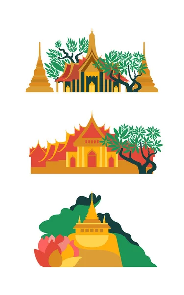 Collection Buddhist Temples Thailand Ancient Religious Architecture Vector Illustration — Stock Vector