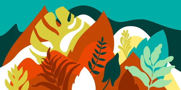 Paisaje Montañoso Montañoso Con Plantas Árboles Tropicales Palmeras Suculentas Estilo — Vector de stock