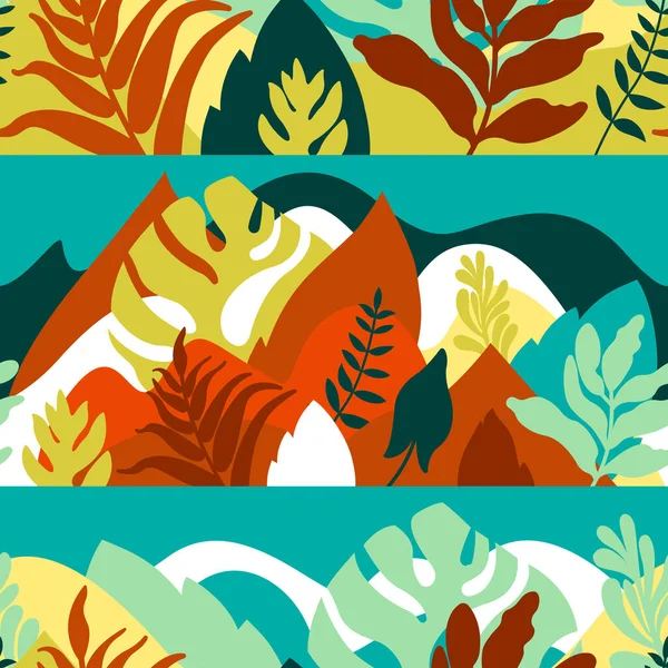 Nahtloses Muster Mit Bergiger Hügellandschaft Mit Tropischen Pflanzen Und Bäumen — Stockvektor
