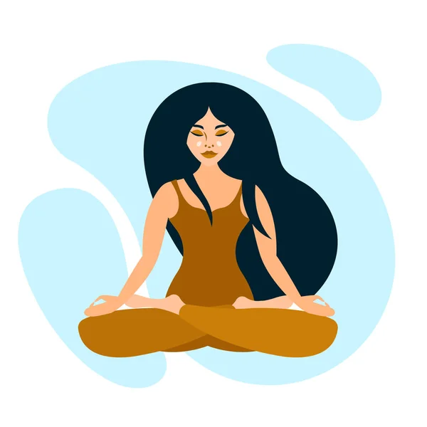 Lány Meditáció Háttérben Kék Felhők Egy Lapos Stílusban Egészséges Életmód — Stock Vector