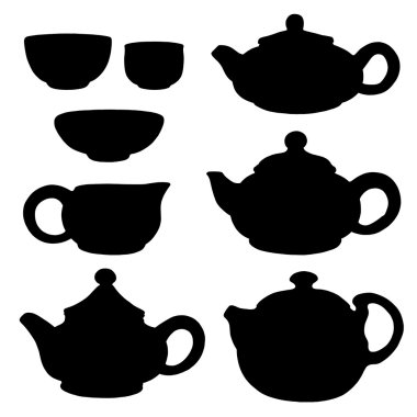 Siyah siluetler çay töreni için aygıt. Çay, çaydanlık, bardağı. Çin, Doğu. Vektör