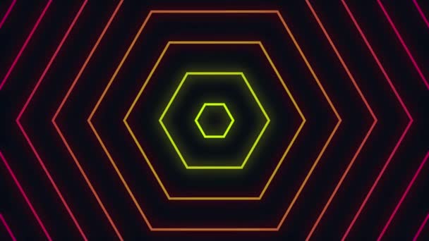 Radiogolf animatie van neon concentrische hexagonen — Stockvideo