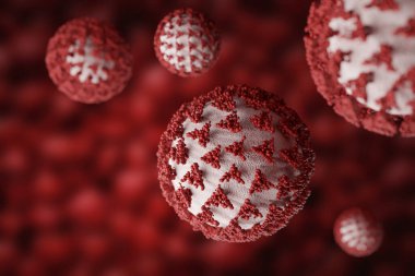 İnsan vücuduna yayılan ölümcül bulaşıcı bir virüs. Kırmızı zemin üzerinde yüzen çoklu COVID hücreleri. Coronavirus 3 boyutlu canlandırma kavramı
