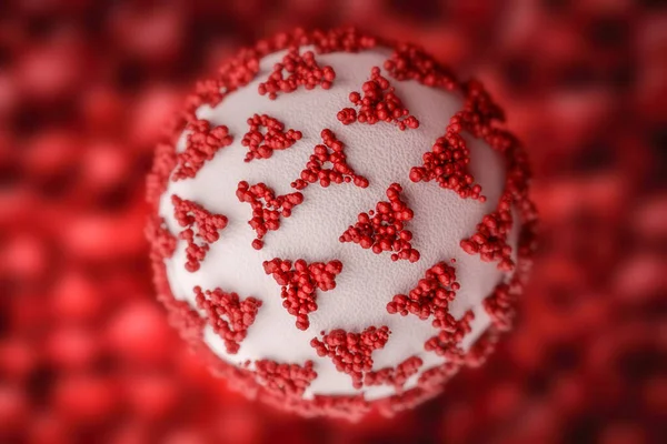 赤い背景を持つコロナウイルス細胞 Covid 19顕微鏡生物学の概念 3Dレンダリング ストック画像