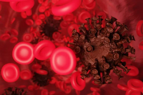Bir Damarın Içindeki Kırmızı Kan Hücrelerinin Yanında Yüzen Covid Virüsü Telifsiz Stok Imajlar