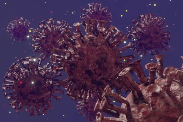 Protein Parçacıklarıyla Çevrili Mavi Zemin Üzerinde Yüzen Organik Covid Virüs Stok Resim
