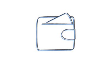 Tek satırda bir kalemle elle çizilmiş kart sembollü cüzdan. Özet simgesi. 