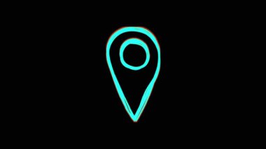 Parlak neon sembolü coğrafi etiket, elle çizilmiş taslak. TV arızalı loppy çizimi