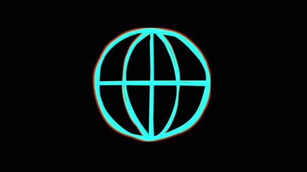 Símbolo brilhante do planeta Terra de néon, esboço desenhado à mão. Esboço desleixado, falha de TV. — Vídeo de Stock