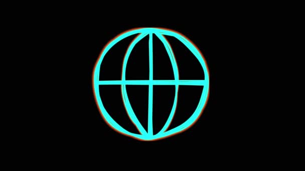 Bright neon planet earth symbol, hand drawn outline. Sloppy sketch, TV glitch. — Stock Video