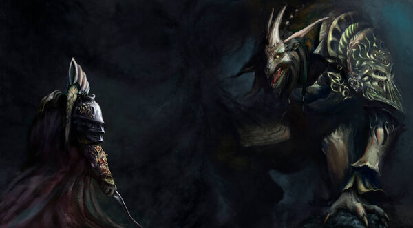 Огромный крысоподобный людоед в тяжелых массивных блестящих доспехах использует темную магию, у него огромные рога и грива, и у него нет носа. Перед ним рыцарь в доспехах и плащ с обнаженным мечом, его волосы косички.