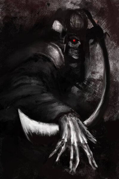 The sinister reaper of death, dressed in samurai armor, strikes with a katana, he has six fingers on his hand, his eyes are burning with red light, a mask in the form of a skull, his robe emits dark