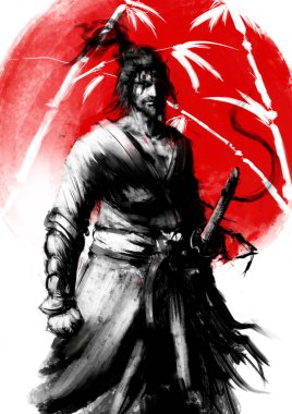 Kılıçlı yalnız bir Japon samuray Ronin kırmızı bir güneş ve bambunun arka planında duruyor. 2d illüstrasyon